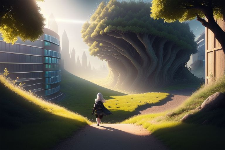 (masterpiece, best quality), (1girl in front:1.2), walking through a portal, (scifi city street from window:1.2), scifi armor, white hair, long ponytail, glowing portal, grass, moss, open door, light rays, trees, night sky, dark shadows, dark background, uhd, photo, realistic