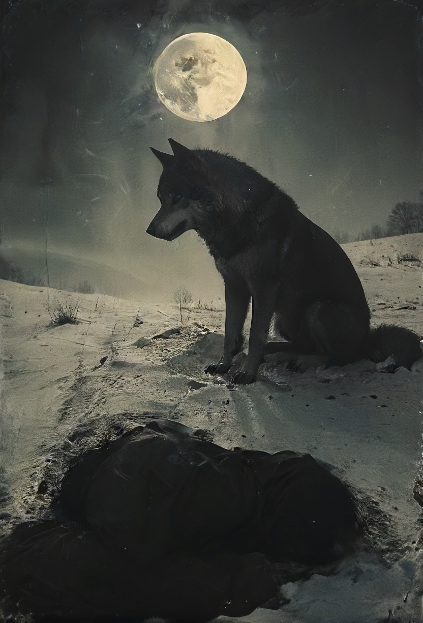 serenade of a (lonely:1.1) wolf quivering under a cold blanked of snow mourning a (fallen:1.1) friend on a lost battlefield, beautiful melancholic (solo:1.1) concert, depressive tears of silver, (sad:1.3) lines of a mountain mirror, (howling:1.3) at a sky beyond,  moon, bittersweet faithful night, unexpected loss, <lora:- SDXL - vanta-black_contrast_V3.0:0.8> <lora:Moody__Time:0.8>, <lora:SDXL_feelings_Sa_May:0.5>