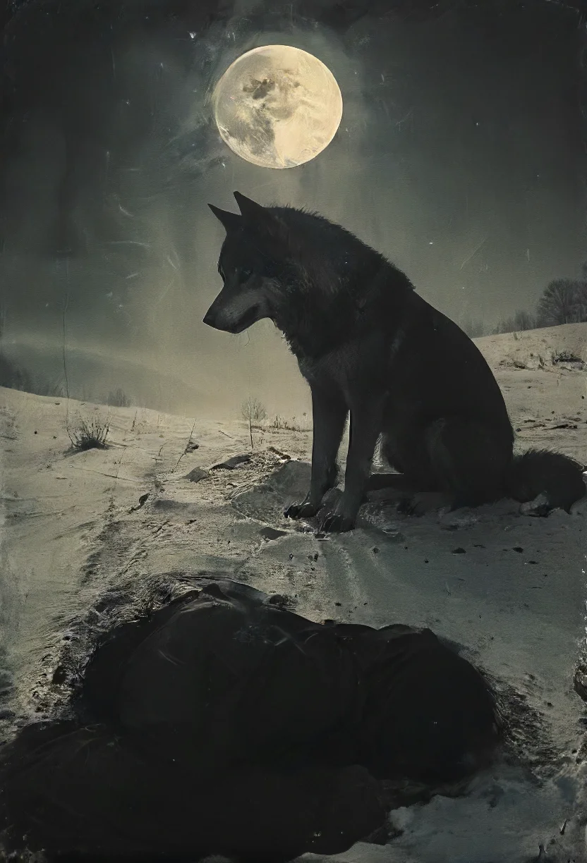 serenade of a (lonely:1.1) wolf quivering under a cold blanked of snow mourning a (fallen:1.1) friend on a lost battlefield, beautiful melancholic (solo:1.1) concert, depressive tears of silver, (sad:1.3) lines of a mountain mirror, (howling:1.3) at a sky beyond, moon, bittersweet faithful night, unexpected loss, <lora:- SDXL - vanta-black_contrast_V3.0:0.8> <lora:Moody__Time:0.8>, <lora:SDXL_feelings_Sa_May:0.5>