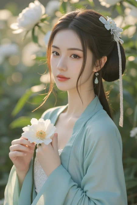 <lora:ã麦æ©éè¡£ãMajicflus:0.7>, qingyi, In the soft morning mist, a close-up captures a young woman dressed in a cyan hanfu, with fabric as light as a cicadaâs wings, revealing her collarbones and the delicate glow of her skin beneath the open neckline. She gently cradles a dew-laden white flower, her gaze tender and serene. Her loosely styled hair is adorned with small jade pins and slender silver ribbons that drape over her shoulder. The background features a blooming peony garden, with sunlight streaming through the blossoms, casting warm and tranquil shadows.âââ