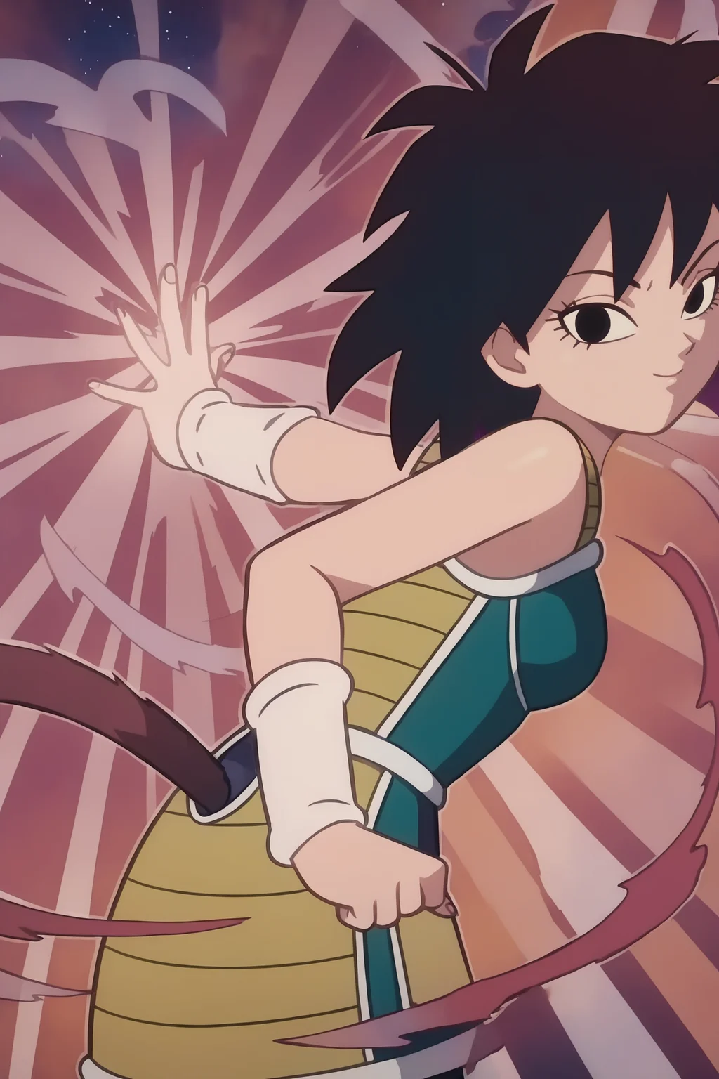 source_anime, score_9, score_8_up, score_7_up, anime screencap, absurd res,
gine, official style, 1girl, solo, breasts, looking at viewer, smile, short hair, night sky, black hair, bare shoulders, closed mouth, cowboy shot, looking back, black eyes, fingernails, bare arms, pantyhose, eyelashes, , happy, spiked hair, pink wristband, clenched hand, arm at side, outline, arms at sides, multicolored background, monkey tail, outstretched arm, outstretched hand, saiyan armor, energy beam, black legwear, green saiyan armor, green skirt, v-shaped eyebrows, white trim, glowing,
<lora:Gine_v1:0.8>