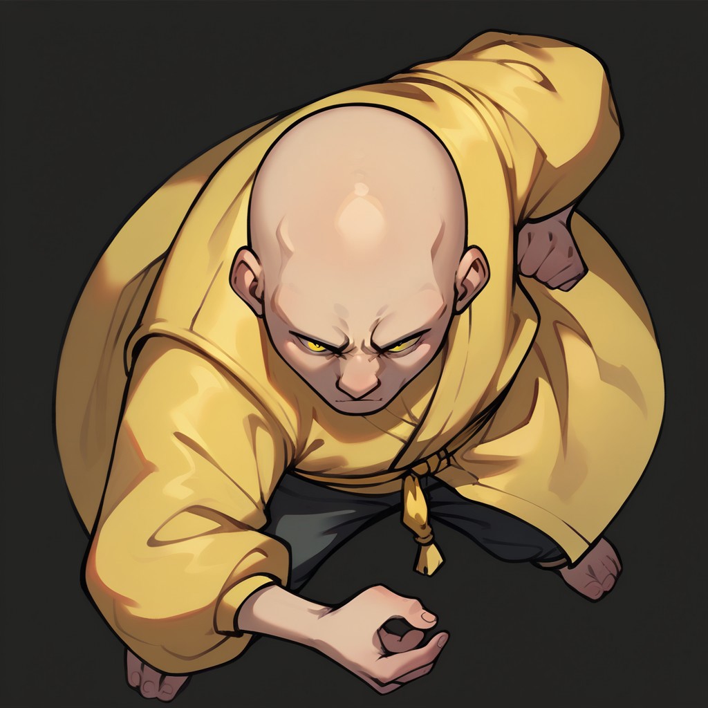 (((detailed, beautiful, high quality))), score_9, score_8_up, score_7_up, solo, 
dndt0ken, top down view, from above,
1 boy, male focus, bald head, yellow eyes, yellow monk robe, black pants,
black background, standing, fighting pose,