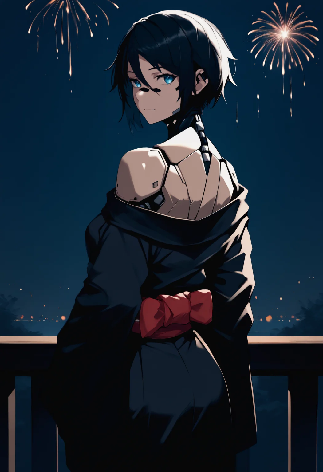 anime, masterpiece, best quality, newest, from behind, solo, 1girl, elst3r, android, robot joints, slight smile, looking back, short hair, black hair, blue eyes, japanese clothes, black kimono, off shoulder, red sash, bare shoulders, outdoors, night, fireworks
<segment:yolo-face_yolov8m.pt,0.4,0.5//cid=1>
