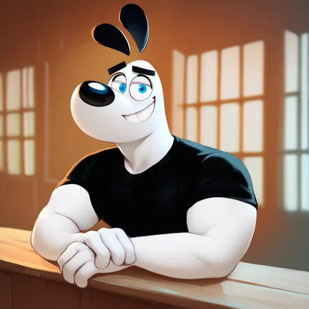 score_9_up, score_8_up, score_7_up, high quality, detailed, source_furry, male, solo male, 1boy, broad shoulders, mature male, blue eyes, athletic build, muscular male, bara, black ears, black eyebrows, animal ears, white body, big eyebrows, black shirt, round snout, bust shot, indoors, looking at viewer, smiling