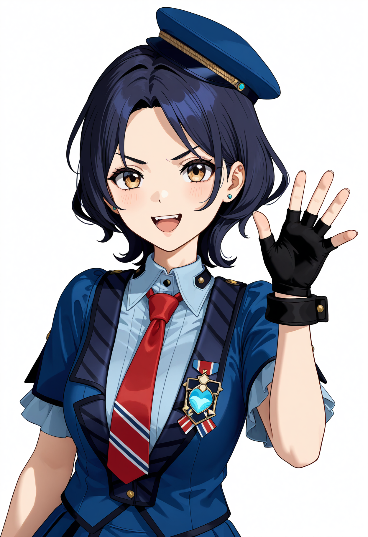 <lora:GBC_NANA-000030:1>,GBC_NANA,1girl,solo,hat,necktie,gloves,blue headwear,open mouth,blue skirt,brown eyes,short hair,blue shirt,red necktie,black hair,black gloves,short sleeves,earrings,jewelry,fingerless gloves,pleated skirt,stud earrings,blue hair,v-shaped eyebrows,3D,waving,looking_at_viewer,smile,simple_background,white_background
