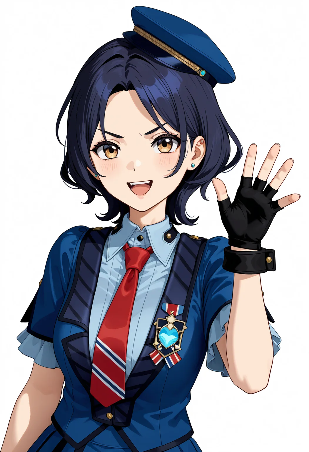 <lora:GBC_NANA-000030:1>,GBC_NANA,1girl,solo,hat,necktie,gloves,blue headwear,open mouth,blue skirt,brown eyes,short hair,blue shirt,red necktie,black hair,black gloves,short sleeves,earrings,jewelry,fingerless gloves,pleated skirt,stud earrings,blue hair,v-shaped eyebrows,3D,waving,looking_at_viewer,smile,simple_background,white_background