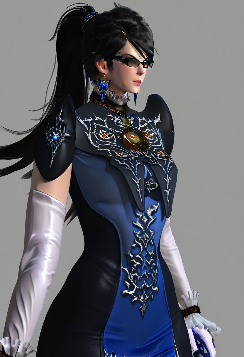 ,score_9, score_8_up, score_7_up,<lora:brawl_style_1_2_R:0.8>, 1girl, brawl, bayonetta 2, Black Hair, Very Long Hair, Wavy Hair, Ponytail, Brawl Stars Style, Blue Triangle Earrings, Gray Eyes, White Long Gloves, Long Sleeves, Skirt, Eyeglasses, Half Body, {{Sakimichan Style}}