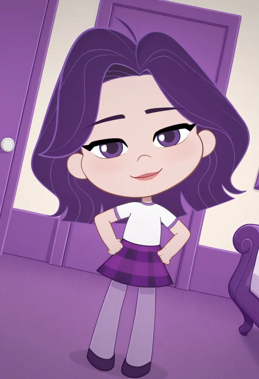 Chb3Hi3, Chibi, cute, masterpiece,best quality,amazing quality, invert, Sour_Grapes, 1girl, solo, purple hair, purple eyes, white t-shirt, short-sleeved t-shirt, purple plaid skirt, pastel purple tights, violet flats,(smile, dutch angle, Hands on hips,naughty pose, looking at viewer, indoors, elegant room, solo, dynamic pose, full_body, head tilt,)