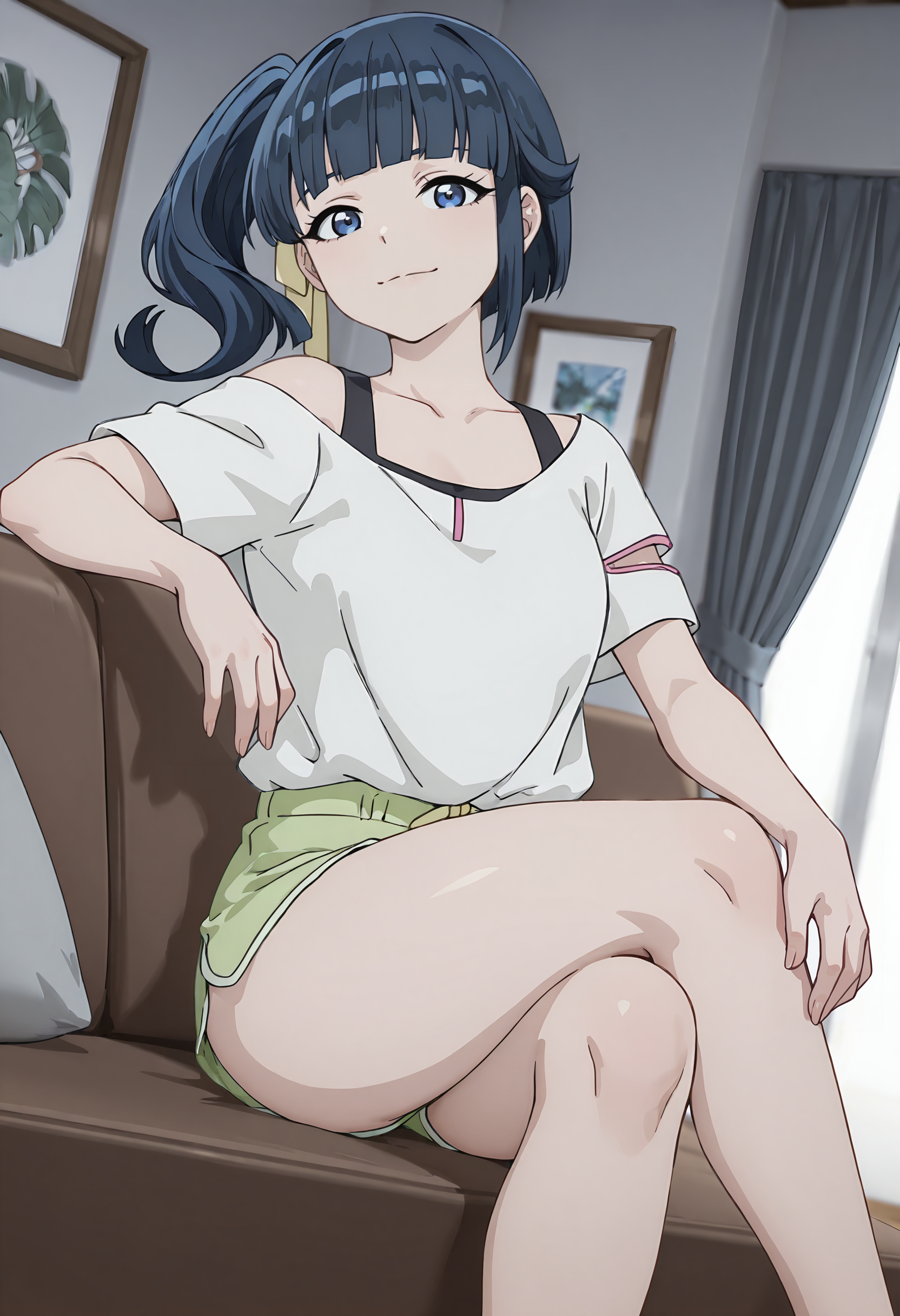 best quality, amazing quality, perfect quality, high quality, masterpiece, absolutely eye-catching BREAK
<lora:Shangri-La_Frontier_-_Rumi_Hizutome:1> ShangriRumi, blue eyes, blue hair, long hair, side ponytail, blunt bangs, yellow hair ribbon, small breasts BREAK
white t-shirt, single off shoulder, bare shoulder, black tank top, green shorts BREAK
indoors, living room, couch, sitting, legs crossed, arm rest, light smile, looking at viewer, dutch angle, cowboy shoot