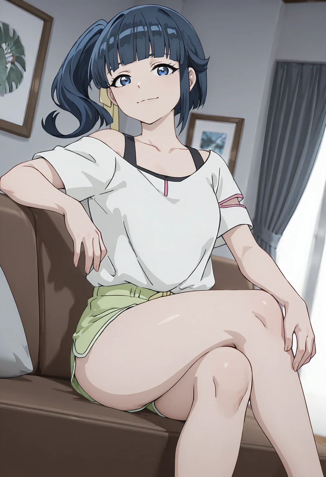 best quality, amazing quality, perfect quality, high quality, masterpiece, absolutely eye-catching BREAK
<lora:Shangri-La_Frontier_-_Rumi_Hizutome:1> ShangriRumi, blue eyes, blue hair, long hair, side ponytail, blunt bangs, yellow hair ribbon, small breasts BREAK
white t-shirt, single off shoulder, bare shoulder, black tank top, green shorts BREAK
indoors, living room, couch, sitting, legs crossed, arm rest, light smile, looking at viewer, dutch angle, cowboy shoot