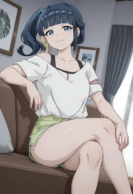 best quality, amazing quality, perfect quality, high quality, masterpiece, absolutely eye-catching BREAK
<lora:Shangri-La_Frontier_-_Rumi_Hizutome:1> ShangriRumi, blue eyes, blue hair, long hair, side ponytail, blunt bangs, yellow hair ribbon, small breasts BREAK
white t-shirt, single off shoulder, bare shoulder, black tank top, green shorts BREAK
indoors, living room, couch, sitting, legs crossed, arm rest, light smile, looking at viewer, dutch angle, cowboy shoot