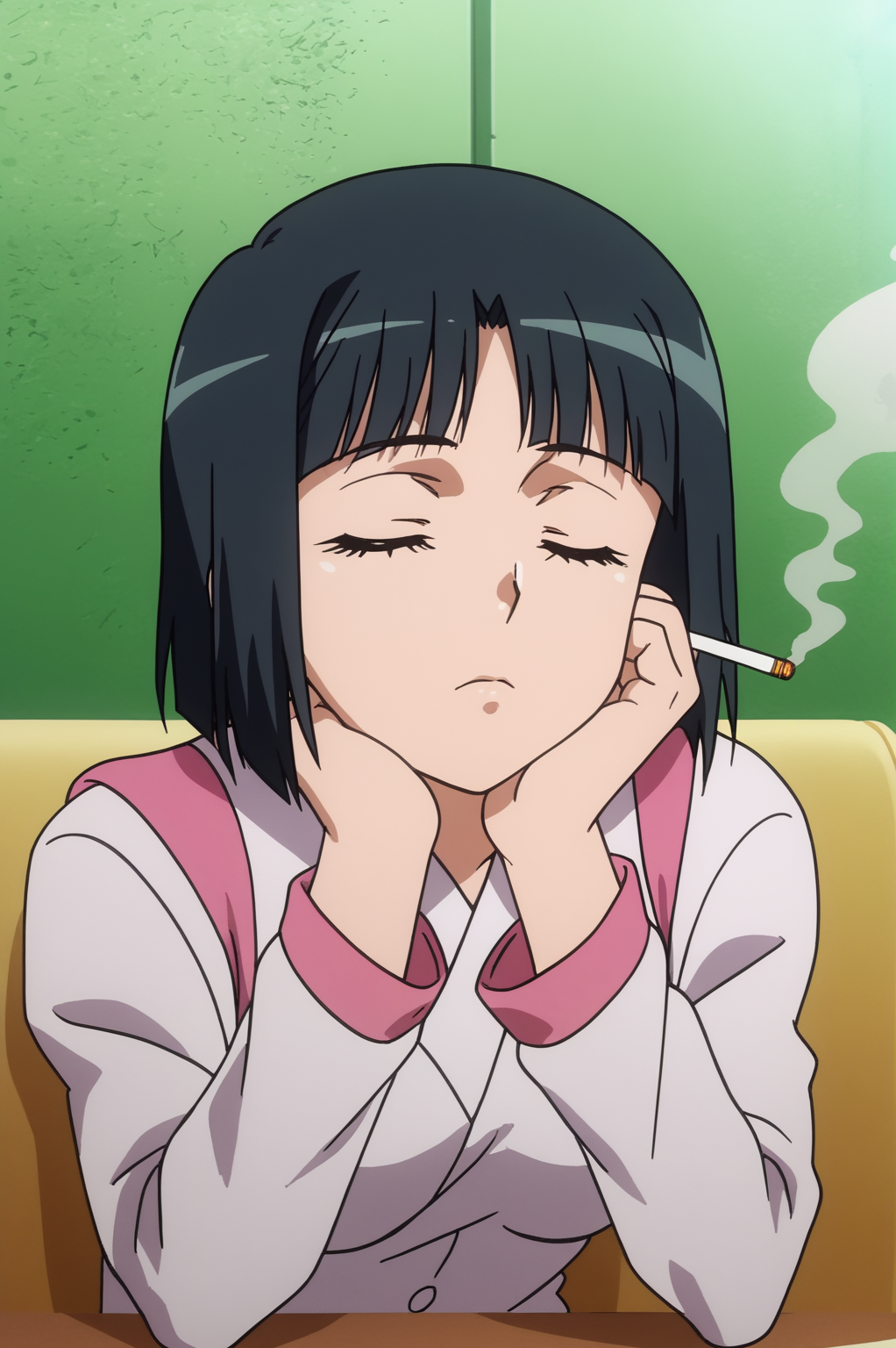 <lora:ANEMEWWW:0.8> Rikou Takitsubo, 1girl, solo, smoking, cigarette, screencap, retro artstyle, closed eyes, 1990s (style), long sleeves, 1980s (style), makeup, black hair, bangs, rainbow, smoke, upper body, japanese clothes, parted bangs, lens flare, gundam, thirdparty edit, thinking, head rest