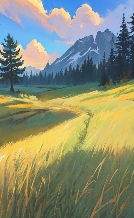 Conceptart,Concept Art,Samia, tree, scenery, cloud, outdoors, sky, day, mountain, grass, nature, mksks style, best quality, perfect