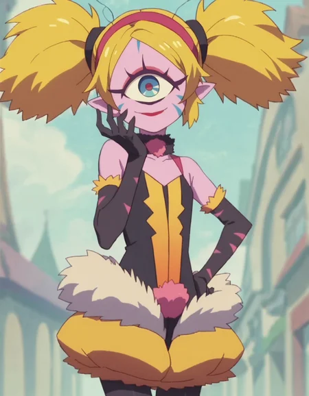 score_9, score_8_up, score_7_up, anime screencap, solo,1girl,aiwarn,one-eyed,yellow hair,twintails,elbow gloves, smile, black gloves, colored skin, pantyhose, bare shoulders, choker, makeup, looking at viewer, fur trim, hairband, lipstick,smile,cowboy shot
<lora:aiwarn_pony:0.8>