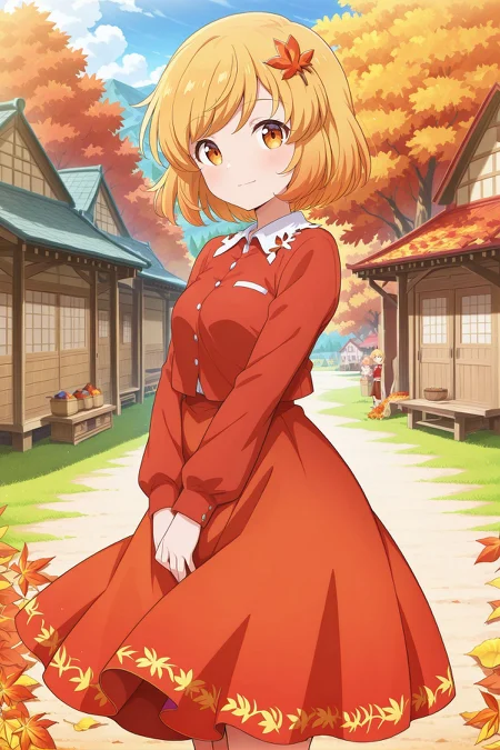 absurdres, highres, masterpiece, best quality, amazing quality, official anime artwork, screencap, anime screencap, outdoors, looking at viewer, light smile, dynamic pose, standing,
<lora:Aki-Shizuha_Illustrious:1> aki shizuha, 1girl, yellow eyes, blonde hair, short hair, small breasts,, leaf hair ornament, red shirt, red skirt, summer, village, day,