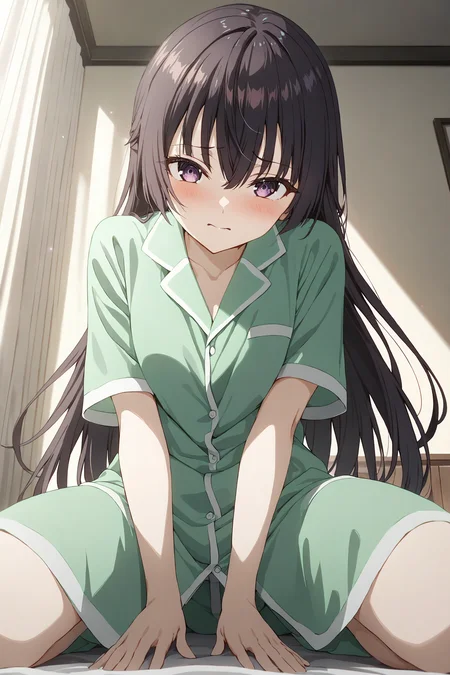 masterpiece, best quality, ultra detailed, highres, incredibly absurdres, high quality,
far side low key light, living room,
very aesthetic,
professional photo, high key light, hard shadow, soft bokeh,
BREAK
suouyuki_imoto, purple eyes, black hair, half upon, long hair,
looking at viewer, green pajamas,
looking at viewer, @_@, sitting aside, cowboy shot,
short sleeves,
kneeling, shy face, low angle, detailed eyes,
<lora:hinaYukiSuou_sdxl_wifu_v1-rev4:0.9>