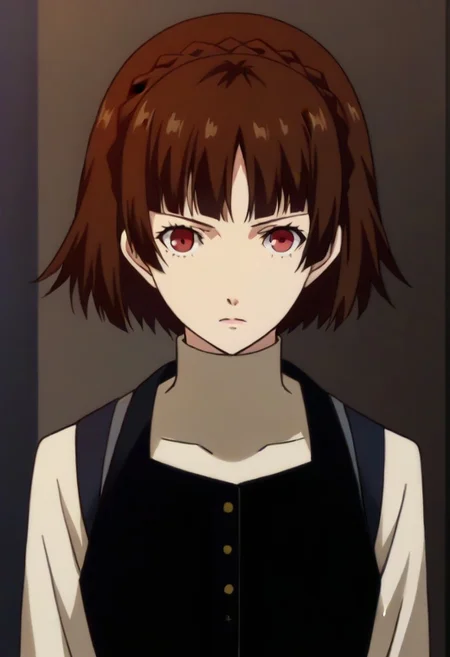 (source_anime), 1 girl, solo, nsfw, aged up, defMako, p5makoto, niijima makoto, short hair, bangs, brown hair, long sleeves, uniform, pantyhose, pleated skirt, turtleneck, plaid skirt,crown braid,uniform, black vest,