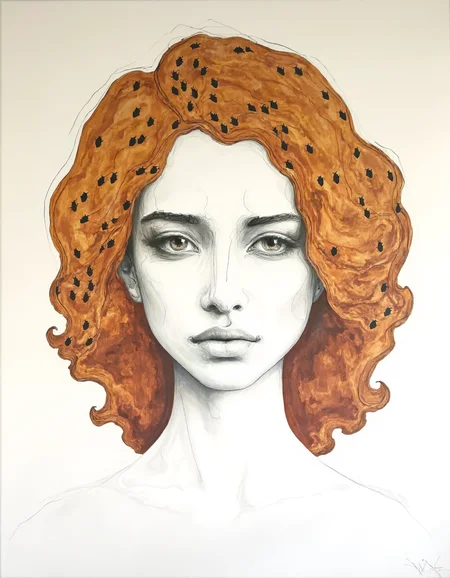 Portrait Chris Luha Art. This is a highly detailed, realistic drawing created using a combination of pencil and digital techniques. The artwork depicts a serene, androgynous face with a subtle, almost ethereal quality. The subject has porcelain skin and striking, voluminous, curly, fiery red hair that cascades down their shoulders. The hair appears to have a natural, tousled texture, with individual strands meticulously rendered. <lora:Chris_Luka:1>