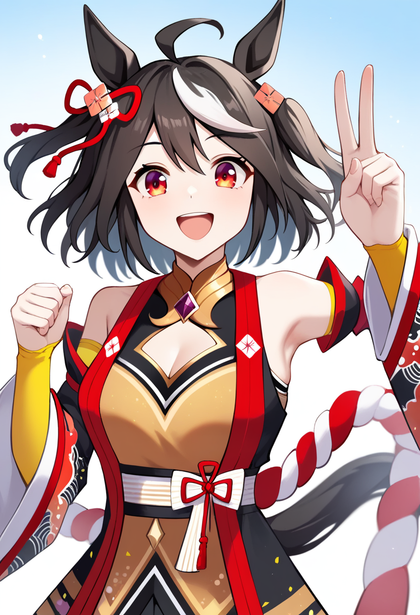 score_9,score_8_up,score_7_up,<lora:fumamusume_all:1>,1girl, ahoge, bare_shoulders, black_hair, breasts, chanchanko_\(clothes\), commentary, detached_sleeves, ear_ornament, ear_ribbon, hair_between_eyes, hair_ribbon, highres, horse_ears, horse_girl, horse_tail, kitasan_black_\(umamusume\), long_hair, looking_at_viewer, medium_hair, open_mouth, red_eyes, red_ribbon, sky, smile, solo, streaked_hair, upper_body, white_background, white_hair