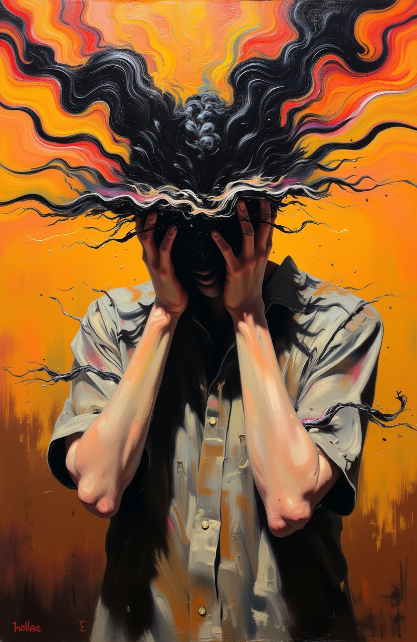 psycho_4rt, This painting portrays a figure in a moment of intense psychological or emotional distress, with hands pressed against their head, which dissolves into a chaotic, swirling black mass. The expressive, textural brushstrokes and fiery background create a sense of movement and turmoil, symbolizing the figure’s internal struggle. The sharp contrast between the dark, consuming blackness and the warm, explosive background adds to the intensity of the image, as if the figure’s anguish is erupting into the space around them. Through its expressive style, contrasting color palette, and surreal elements, the artwork powerfully conveys themes of mental anguish, emotional breakdown, and the consuming nature of inner chaos. The result is a haunting, visceral depiction of psychological struggle that invites viewers to confront the raw, unsettling nature of human despair.