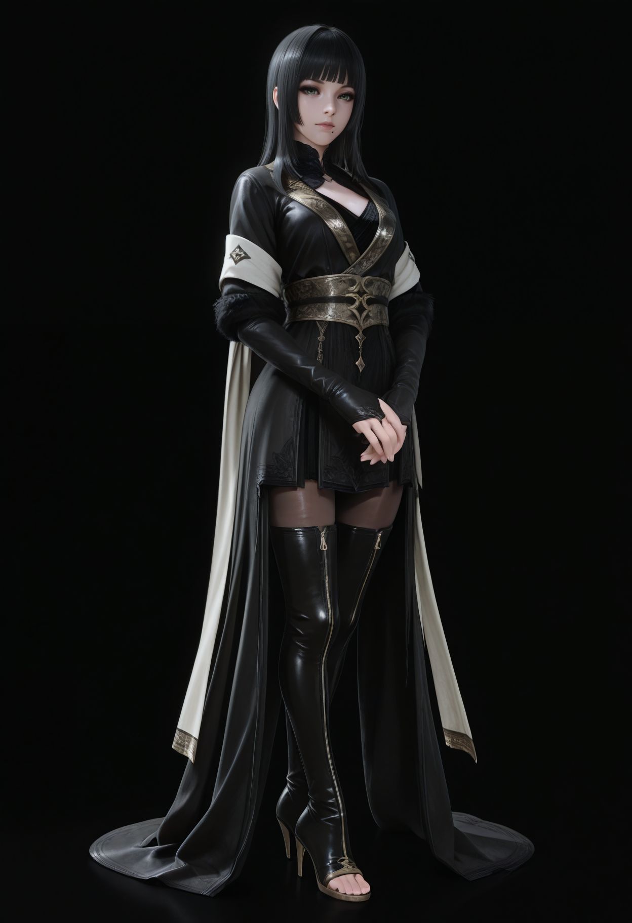 masterpiece,best quality,amazing quality, <lora:Gentiana_FFXV_ilxl_goofy:1>gentiana, black hair, loong hair, hime cut, blunt bangs, sidelocks, green eyes, BREAK
 1girl, toeless footwear, high heels, black background, full body, thigh boots, black dress, looking at viewer, black eyes, own hands together, simple background, thighhighs, realistic, black theme, black footwear, mole under mouth, standing, pantyhose