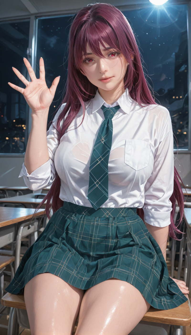 <lora:LCMTurboMix_Euler_A_fix:1> <lora:example_SDXL:0.3>, EZRealPONYXL, <lora:Dramatic Lighting Slider:3> <lora:realistic filter [IL]:1>
DSLR,realistic,cosplay photo, (very awa,masterpiece,best quality,year 2024,newest,absurdres,highres:1), realistic,skin texture,facial features, photography shot with Canon EOS 5D Mark IV , realistic, RAW, best quality, masterpiece, amazing quality, skin details,
1girl, highly detailed beautiful face, large natural breasts,
detailed background, shiny skin, dutch angle, night, moonlight,
beautiful detailed eyes, intricate details, absurdres, anime screencap,
artist: onono imoko, artist: taesi,
<lora:YD IL:1>
masterpiece, best quality, high resolution, absurdres, 1girl, oranyd, school_uniform, green_skirt, plaid_skirt, white_shirt, collared_shirt, necktie, classroom, sitting, looking_at_viewer, naughty_face, from_below, scathach_(fate), waving,