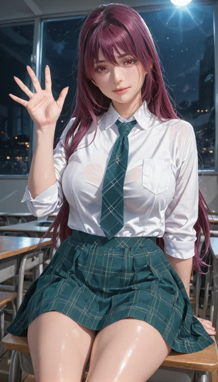 <lora:LCMTurboMix_Euler_A_fix:1> <lora:example_SDXL:0.3>, EZRealPONYXL, <lora:Dramatic Lighting Slider:3> <lora:realistic filter [IL]:1>
DSLR,realistic,cosplay photo, (very awa,masterpiece,best quality,year 2024,newest,absurdres,highres:1), realistic,skin texture,facial features, photography shot with Canon EOS 5D Mark IV , realistic, RAW, best quality, masterpiece, amazing quality, skin details,
1girl, highly detailed beautiful face, large natural breasts,
detailed background, shiny skin, dutch angle, night, moonlight,
beautiful detailed eyes, intricate details, absurdres, anime screencap,
artist: onono imoko, artist: taesi,
<lora:YD IL:1>
masterpiece, best quality, high resolution, absurdres, 1girl, oranyd, school_uniform, green_skirt, plaid_skirt, white_shirt, collared_shirt, necktie, classroom, sitting, looking_at_viewer, naughty_face, from_below, scathach_(fate), waving,