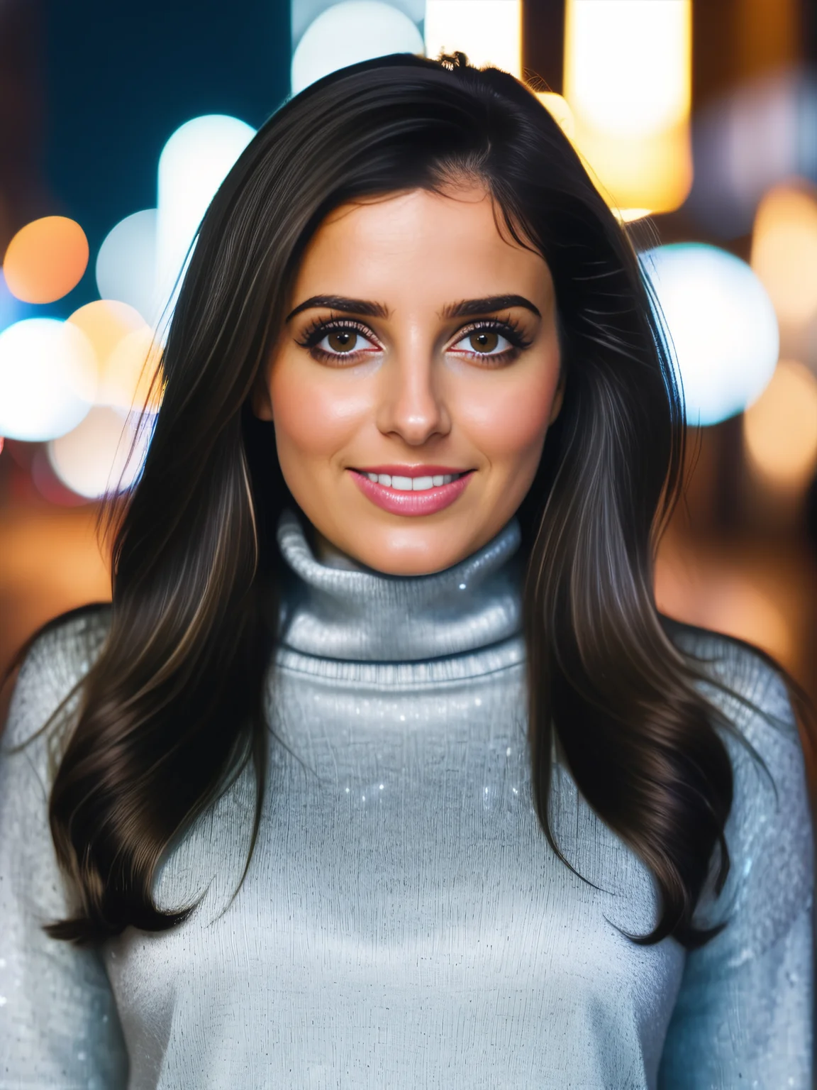 a photo of a pretty 30-year-old woman, desimocha, professional portrait photo,high neck Silver turtleneck sweater, flowing black hair and bangs, smiling, soft lighting, solo, night time, city bokeh lights <lora:Desi_Coffee_V30_SDXL_LoRA:1>
