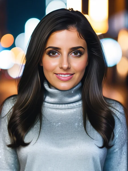 a photo of a pretty 30-year-old woman, desimocha, professional portrait photo,high neck Silver turtleneck sweater, flowing black hair and bangs, smiling, soft lighting, solo, night time, city bokeh lights  <lora:Desi_Coffee_V30_SDXL_LoRA:1>