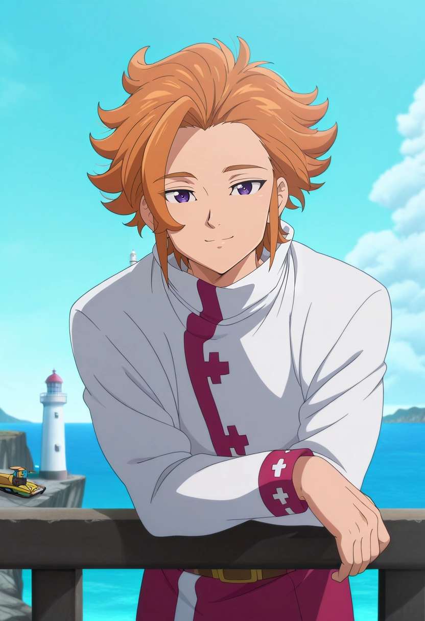 masterpiece, best quality, , anime screencap, anime coloring, official style, looking at viewer, 1boy, solo, male focus, <lora:arthur_pendragon_ilxl:0.92>, arthur_pendragon, orange hair, purple eyes, short hair, lighthouse, rocky coast, leaning against railing, wind tousled, dreamy expression, soft light, ,