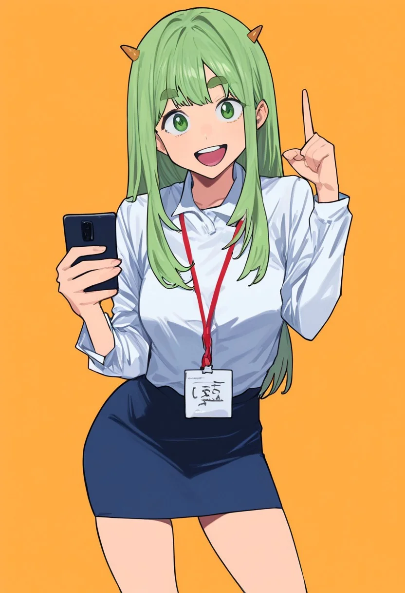 some1else45, nahia (some1else45), + +, 1girl, blue skirt, breasts, cellphone, cellphone photo, green eyes, green hair, holding, horns, lanyard, long hair, long sleeves, looking at viewer, open mouth, orange background, pencil skirt, phone, pointing, round teeth, shirt, shirt tucked in, sidelocks, skirt, smartphone, smile, solo, standing, teeth, thick eyebrows, upper teeth only, white shirt