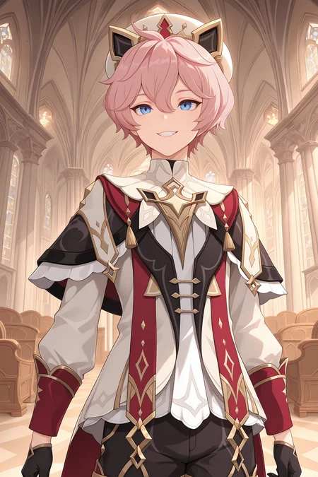 masterpiece, best quality, 1boy, dahliaChar, blue eyes, male focus, smile, solo, teeth, standing, gloves, shorts, short hair, indoors, pink hair, hat, animal ears, long sleeves, church, black gloves, closed mouth, cat ears, upper body, architecture, hair between eyes <lora:dahlia_genshin:1>
