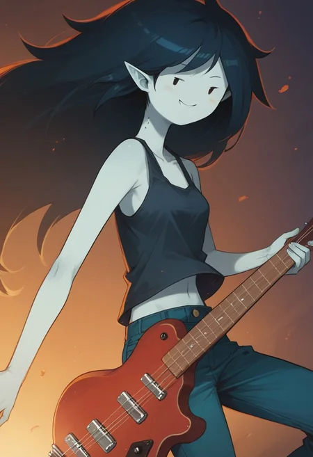 score_9, score_8_up, score_7_up, (m4rc3l1n3,1girl,dot eyes,grey skin,marceline abadeer from adventure time, long hair), (tank top, pants,playing bass guitar:1), smile, source_cartoon, in the style of adventure time, Expressiveh, zPDXL, stage:1.4, pyrotechnics:1.4