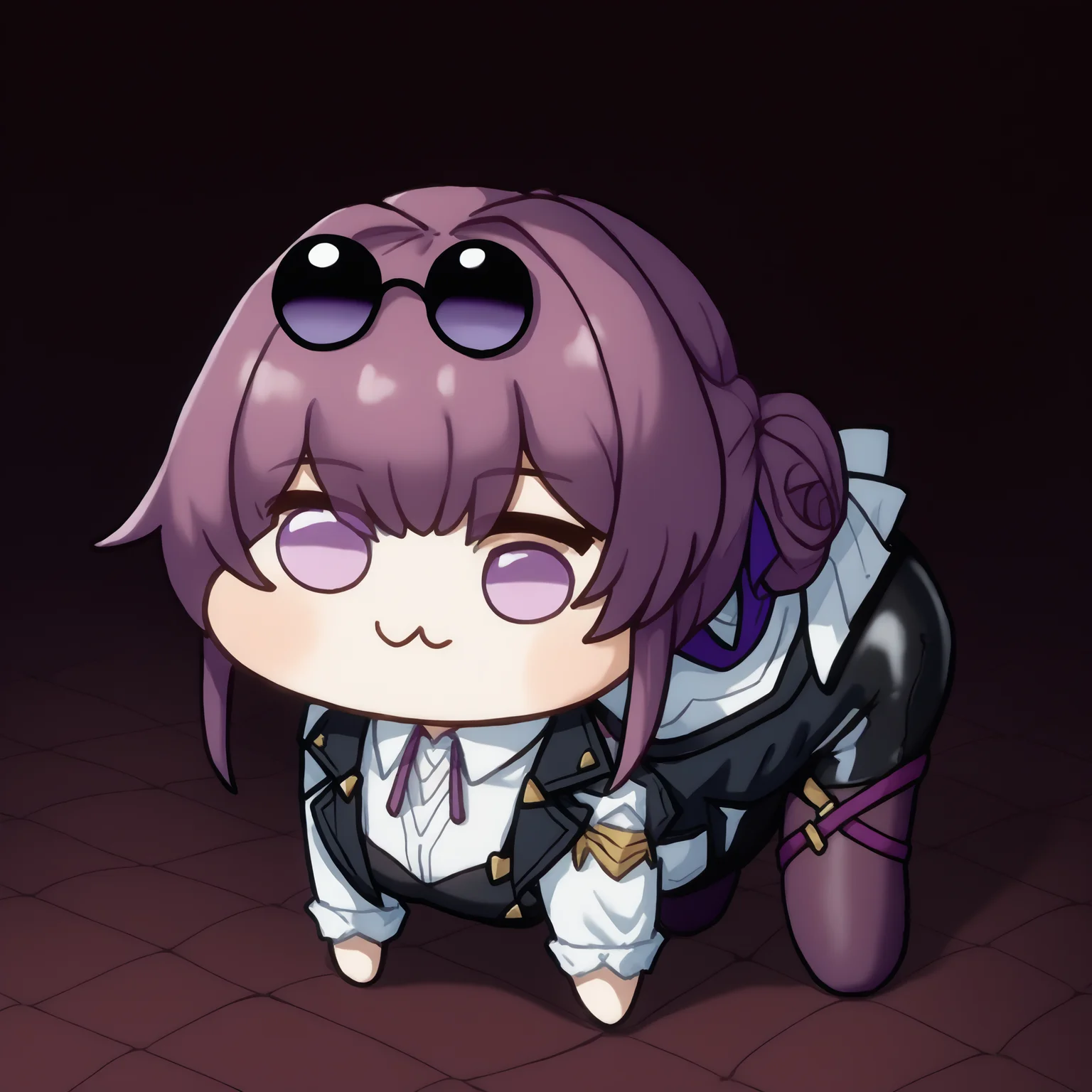 score_9, score_8_up, score_7_up, source_anime, kafka, purple eyes, bangs, eyewear on head, <lora:Kafka_XLPD:0.9>, collared white shirt, long sleeves, jacket on shoulders, black jacket, black shorts, pantyhose under shorts, criss-cross straps, purple pantyhose, <lora:Doro_X_PDXL_V1:1.3> doro, creature, :3, chibi, no humans, white skin, four legs, solid circle eyes, no pupils, all fours,