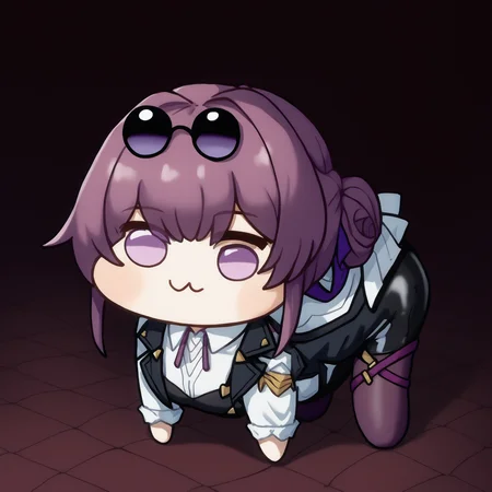 score_9, score_8_up, score_7_up, source_anime, kafka, purple eyes, bangs, eyewear on head, <lora:Kafka_XLPD:0.9>, collared white shirt, long sleeves, jacket on shoulders, black jacket, black shorts, pantyhose under shorts, criss-cross straps, purple pantyhose, <lora:Doro_X_PDXL_V1:1.3> doro, creature, :3, chibi, no humans, white skin, four legs, solid circle eyes, no pupils, all fours,