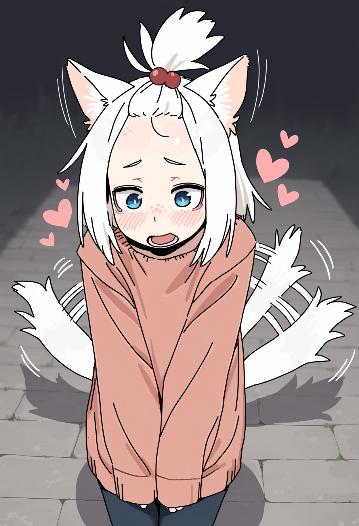 masterpiece,best quality,amazing quality,
1girl, freckles, solo, animal ears, blush, tail, white hair, blue eyes, hair bobbles, hair ornament, kemonomimi mode, topknot, heart, tail wagging, forehead, open mouth,
<lora:Imamura_Ryou:1>
