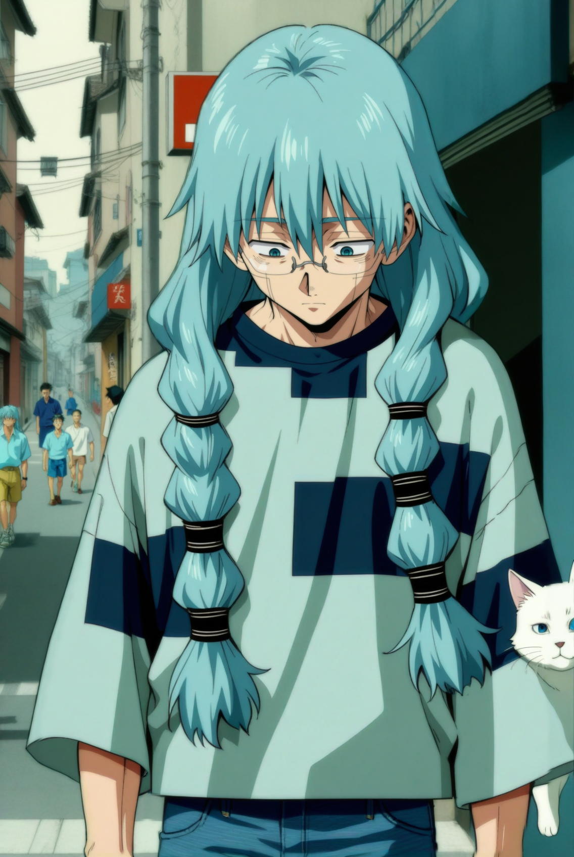 1boy, male focus, mahito \(jujutsu kaisen\), jujutsu kaisen , (90s anime style:1.5), front view, outdoors, street view, (looking down:1.3), perfecteyes, shirt, denim shorts, (a single white cat sitting next to them) <lora:detailed_notrigger:1> <lora:ParchartXL_CODA:0.2> <lora:Isometric Cutaway:1> <lora:PerfectEyesXL:1> <lora:Surreal Harmony:0.2>