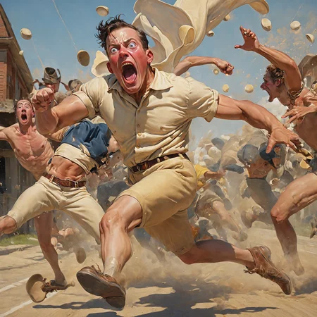 "The Old Yeller," a character known for his particularly loud yells exaggerated in form with large,gaping mouth wide open in mid-yell,eyes popping almost comically. His arms are thrown up in the air,emphasizing the drama of the moment. The overall tone is whimsical and slightly absurd,capturing the essence of the quirky and the unconventional,<lora:LowBrowXL:1>,quiet norman rockwell-esque country town in background,<lora:d\EnvyActionShotXL01:0.85>,