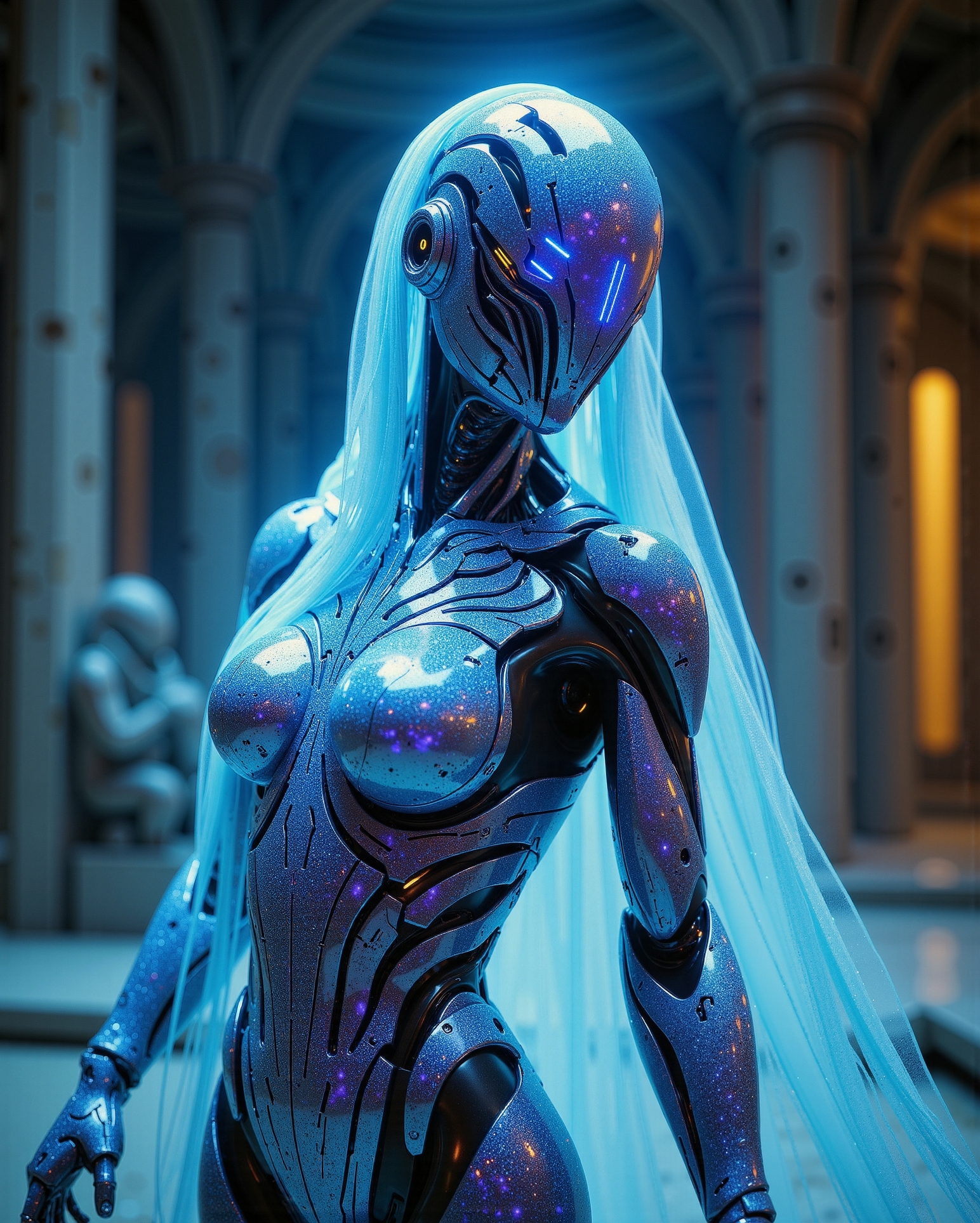in the style of ckfa, holographic shimmer intricate armor, whimsical ghost faceless android woman hkbeauty looking at the viewer, otherworldly glow, fantasy, auraflow,