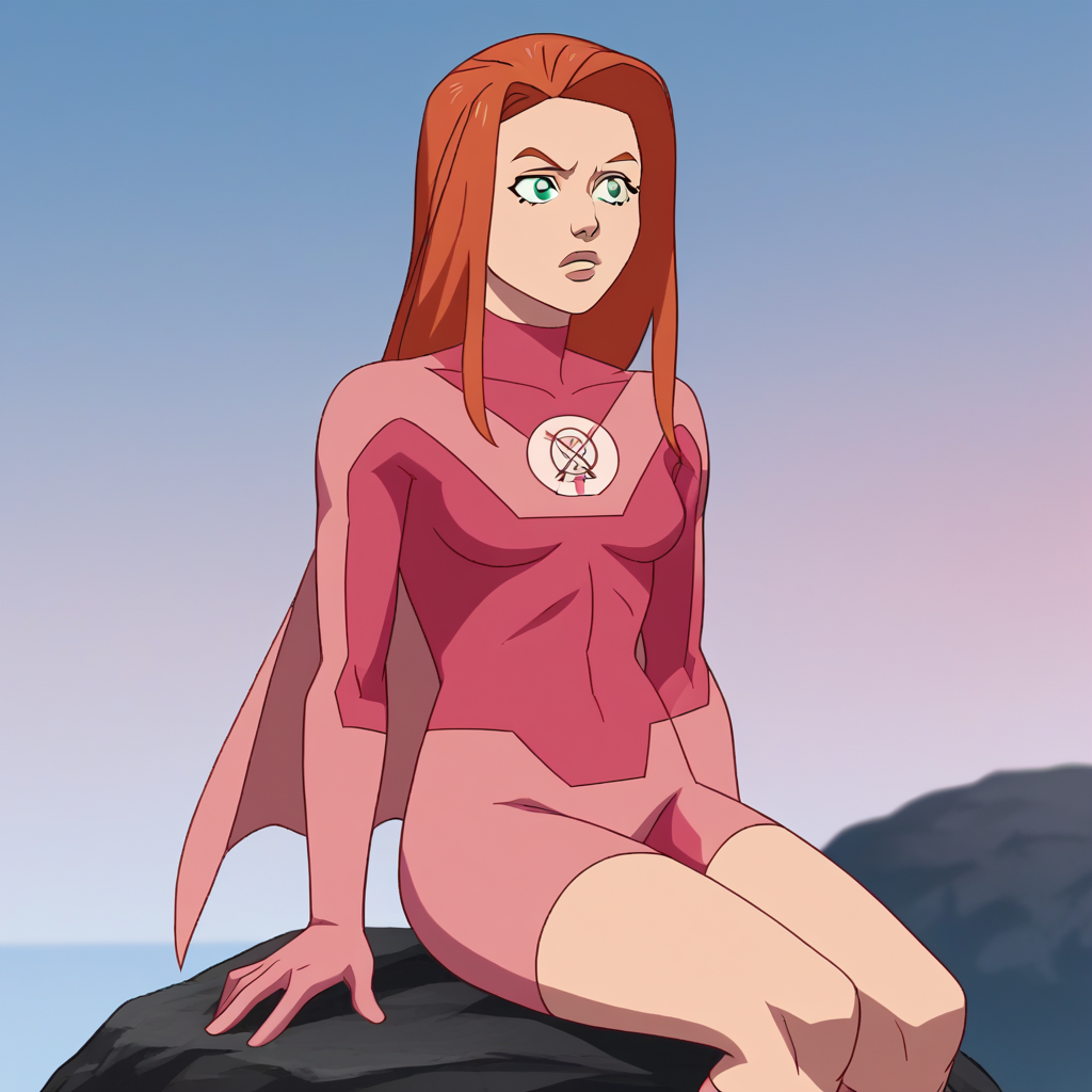 score_8_up, BREAK, atomeve, 1girl, solo, red hair, long hair, green eyes, bodysuit, pink bodysuit, cape, outdoors, blue sky, sitting on rock,  <lora:AtomEve_PXL_Leaf1:1>,