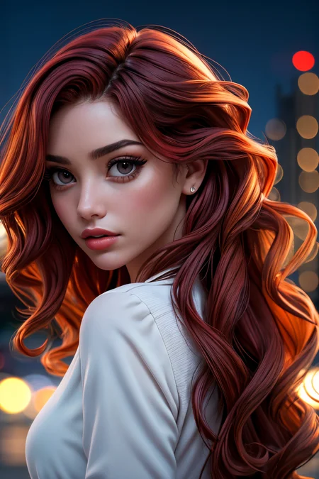 <lora:Sexy-Venezuelan:1> red wavy hair, black eyes, full lips, solo, looking at viewer, city background, blurred background, bokeh, deep of field, kkw-ph1, <lora:LORA-XenoDetailer-v3A:1>