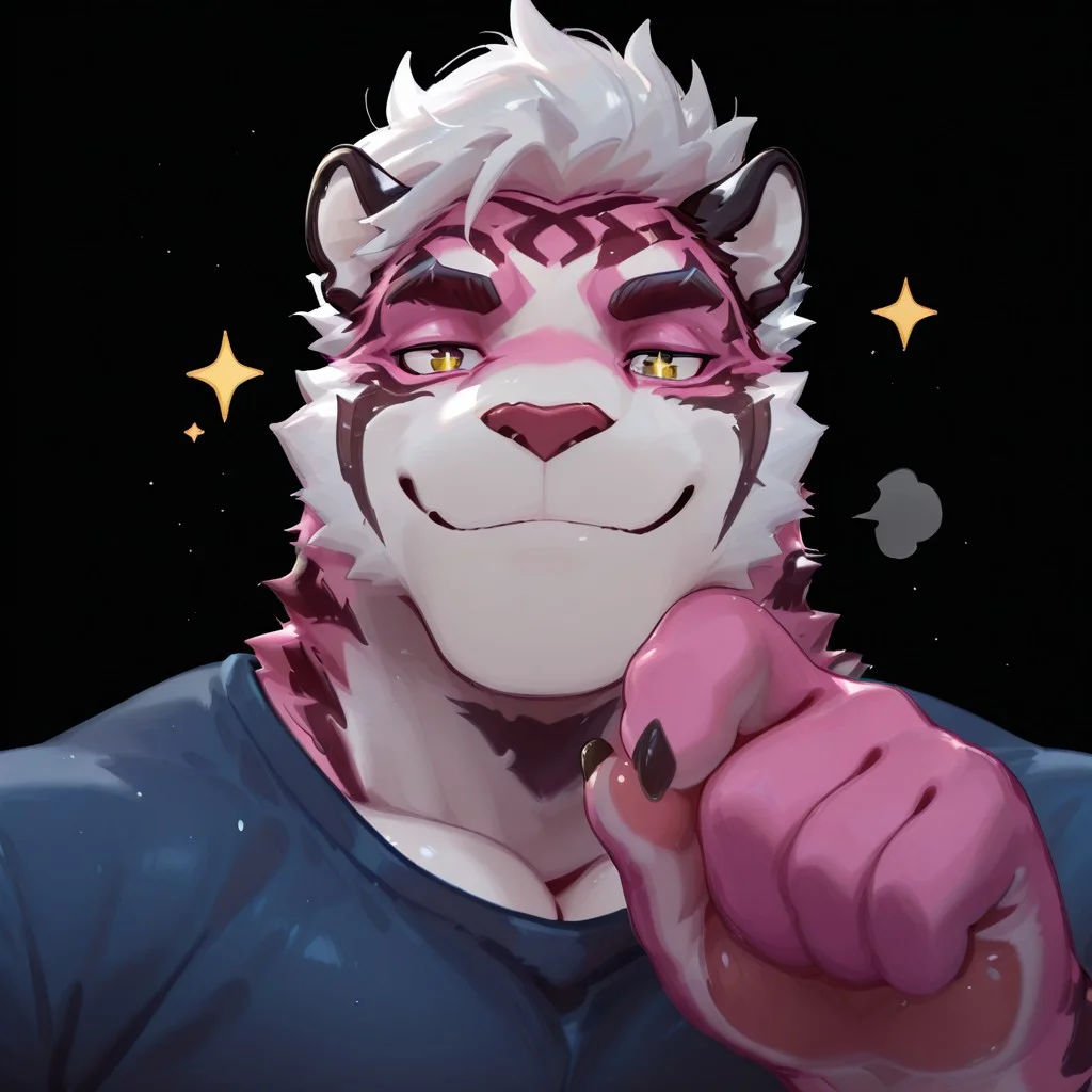 Safe_pos, masterpiece, best quality, new, absurd, high quality, 2024, 2023, masterpiece, best quality, amazing quality, Magnum, tiger boy, tiger, furry, blue shirt, Starry eyes, starry, white fur, pink fur, white hair, , solo, 1boy, Bara, smiling, mature male, looking at viewer, best quality, black background, portrait, dutch angle