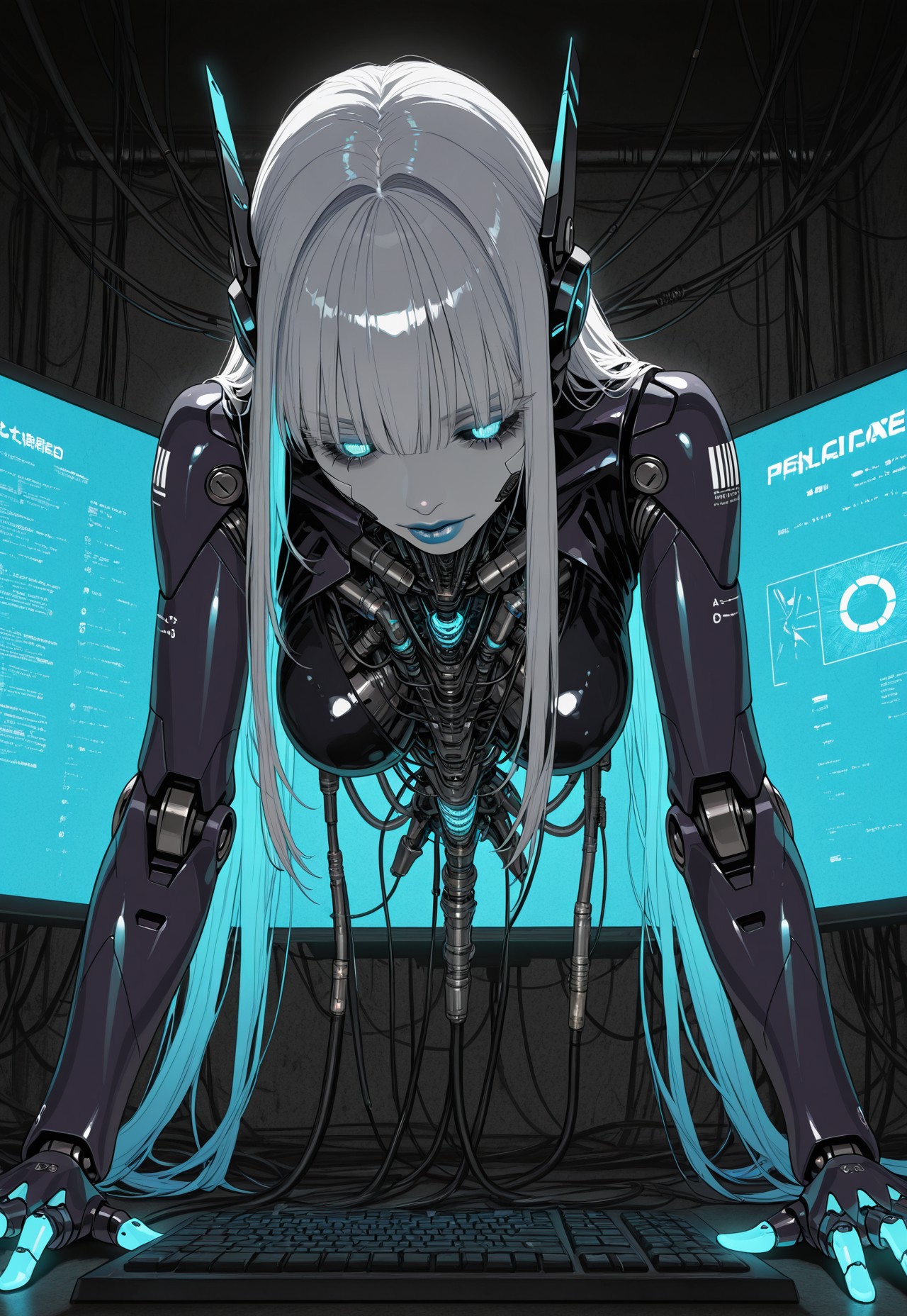 hyperrealistic, masterpiece, best quality, ultra detailed, hdr, 8K, very awa, low light, dark shadows, highres, absurdres, white face, shiny white latex skin, high-res, solo robotic female, long white gothic hair with long bangs and fringe, white thick eyelashes, glowing neon blue eyes, neon blue lips, limp body, neon blue light details over body and face, looking down at a computer screen and leaning forward, arms are limp, glowing neon blue fingers, black sclera, large eyes, joints, robot joints, robot ears, neon blue transparent mechanical parts and wires, robotic feat, computer screens, transparent body, black barcode on stomach, beautiful night background, thick cables connected over, wires on body, plugs on body, glowing lights, reflective lights, dark room,