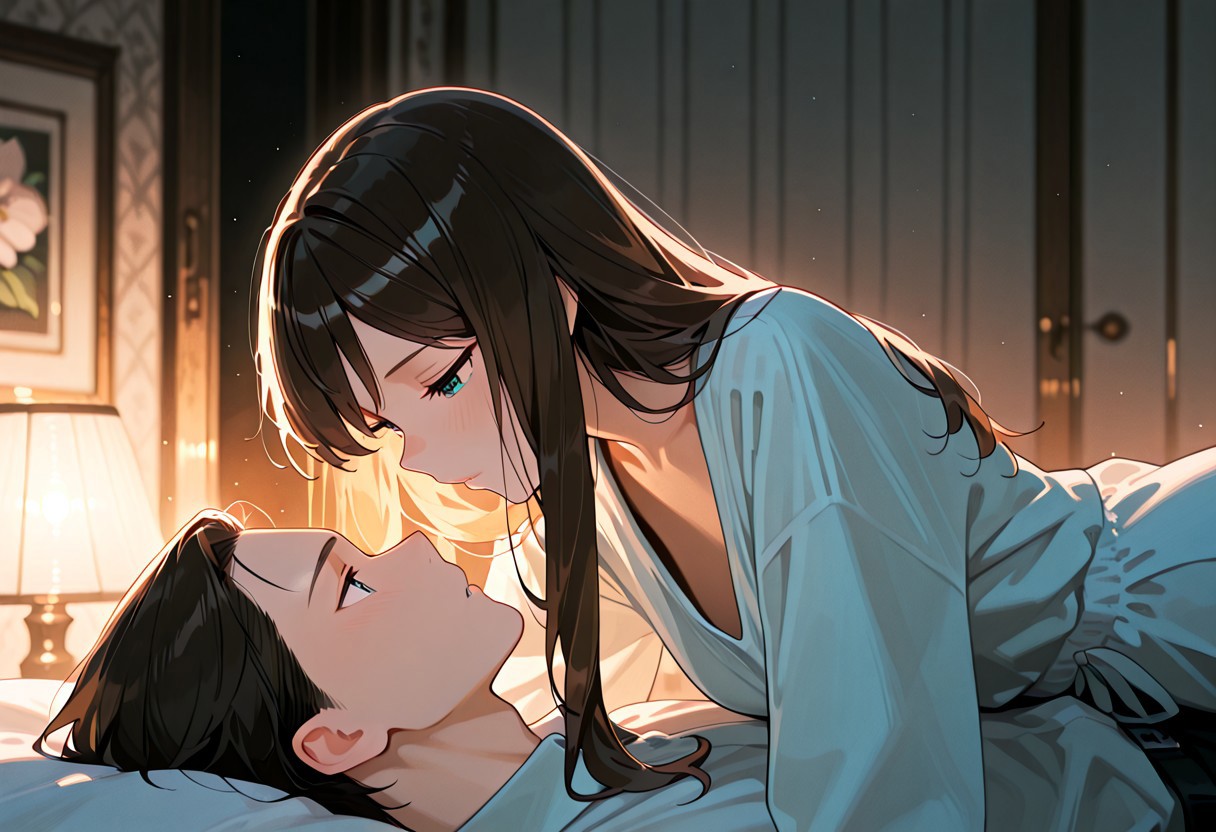 1girl/1boy, general, laying on bed, girl on top, hovering, looking at each other, romantic, dim light, sensual, long hair, masterpiece, very aesthetic, absurdres