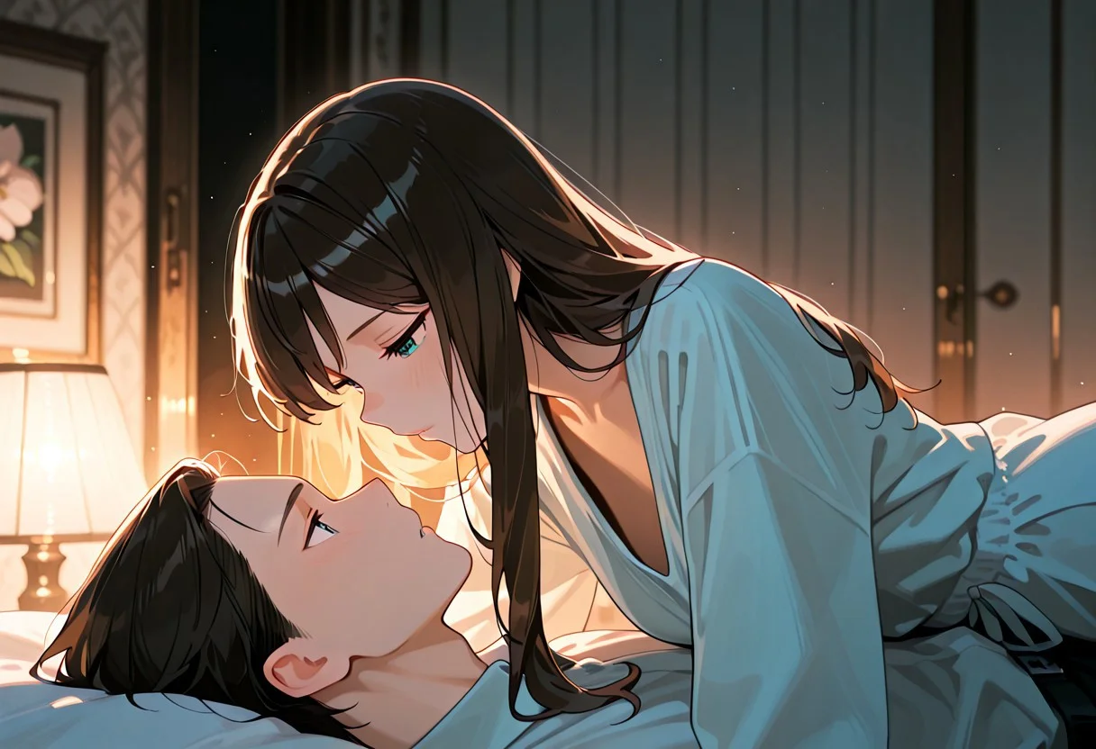 1girl/1boy, general, laying on bed, girl on top, hovering, looking at each other, romantic, dim light, sensual, long hair, masterpiece, very aesthetic, absurdres