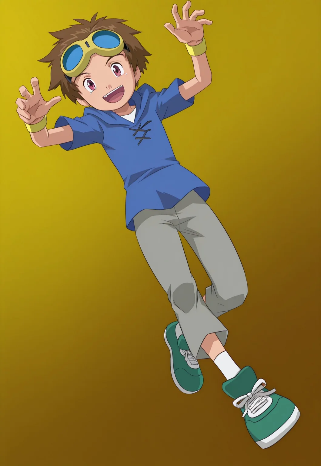 source_anime, 1boy, male focus,TMatsuda, 1boy, solo, brown hair, goggles on head, blue hoodie, white shirt, yellow wristband, grey pants, white socks, green shoes with white accents, smile, open mouth, detailed face, BREAK perfect hands, perfect fingers BREAK multi view, close-up, portrait BREAK highly detailed, high quality,masterpiece,best quality,amazing quality,HD, 4k, 8k, dynamic pose, dynamic angle, (aesthetic wallpaper:1.2), ((4k wallpaper, cinematic scene, background overloaded with details))