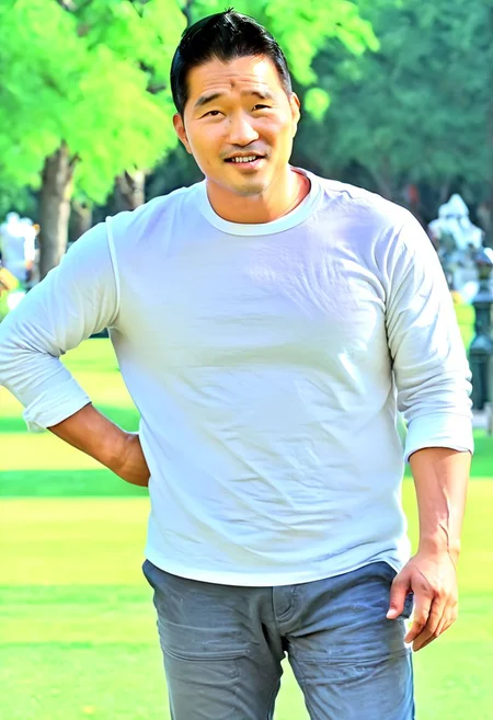 (((htkangface))), daddy,  natural face expression, (((detailed HtKangface))), fixed htKangface Photorealistic, realistic, masterpiece, intricate details, detailed background, depth of field, photo of a handsome, dynamic pose, natural face expression, (((looking at viewer))), high detail, high quality, male focus,  ((white shirt)), ((pants)), ((park background)), full body