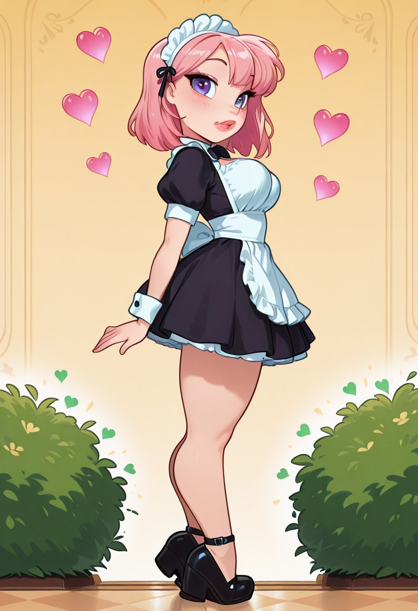 <lora:CivChan:1> side view, CivChan, purple eyes, pink hair, maid outfit, medium breasts, full lips, floating hearts, hearts, doing the homer Simpson walking backward meme, Large bush in background