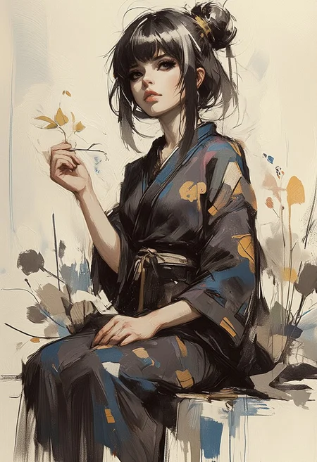 OBxiaoxiang, Mh1$AgThS2, intricate linework with expressive contrasts, soft lighting with dynamic highlights, a detailed image of a Japanese fantasy princess, dark hair, sidelocks, bangs, dark eyeshadow, sitting in a formal Japanese garden