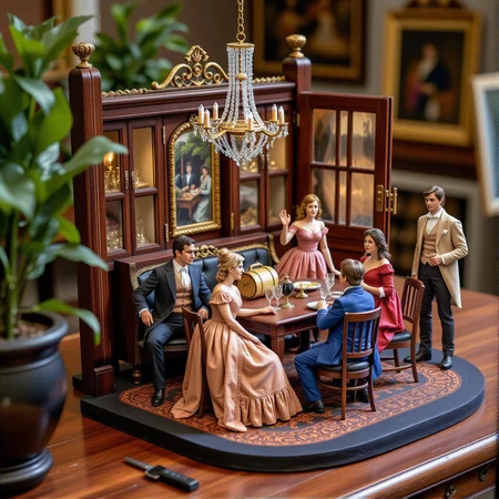 A miniature diorama of masquarade, 19th century,detailed digital illustration of a masquerade ball taking place in a palace, colorful dresses, masks, well-dressed women, glamorous, lascivious, somewhat decadent atmosphere,<lora:Flux.1_Turbo_Detailer:0.7>, <lora:Diorama_Flux:0.8>